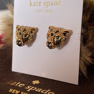 KATE SPADE GOLD TONE CRYSTAL FUZZY CHEETAH FUR STUD EARRINGS MINT